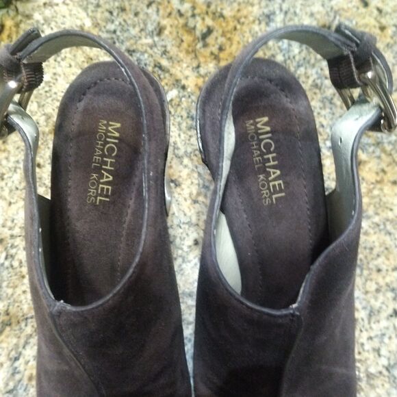 Michael Kors Chunky High Heels Brown Suede Leather Buckle Back Mules Womens 8 - Picture 10 of 12